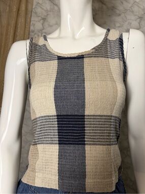 Crinkle Plaid Blue Cream Crinkle Texture Braided Trim 99% Cotton Coastal S